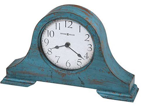 Howard Miller Tamson Kaminuhr 635-181 - Abgenutzte blaugrüne Oberfläche, Vintage-Holzdesign, gefilzte Basis, abgenutzte arabische Ziffern, rustikale Wohnkultur, Quarzwerk