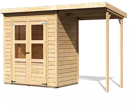 Karibu Gartenhaus Set Merseburg 2 | Gerätehaus mit 14 mm Wandstärke | 1,4 Meter langes Anbaudach | Doppeltür | 2,22 m² Grundfläche | Steck- & Schraubsystem | Naturbelassen | 329 x 142 x 220 cm