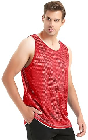 TopTie Camiseta Hombre Camisetas de Baloncesto Camiseta Interior Tirantes Sin Mangas Camiseta de Lacrosse Malla Reversible Rojo
