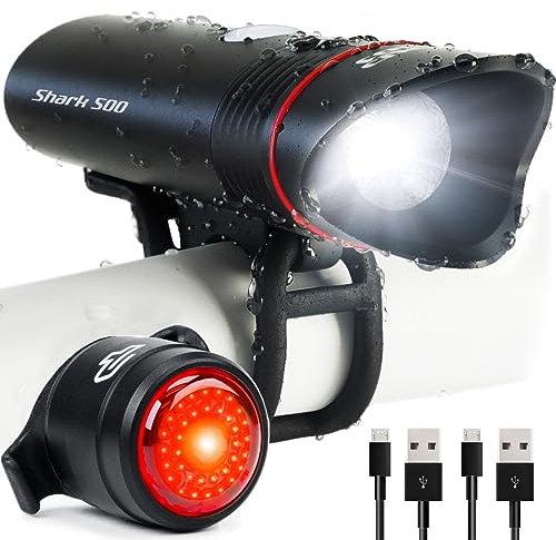 Cycle Torch Shark 500 Linterna para bicicleta, recargable, puerto USB, luz trasera LED incluida, compatible con todo tipo de bicicletas, fácil instalación y extracción, 500 lúmenes, negro
