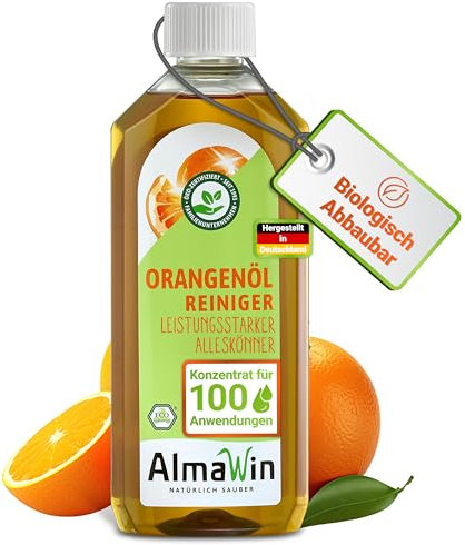 AlmaWin® Orangenölreiniger ÖKO [500ml] ideal als starker Allesreiniger & Fettlöser - Veganes Orangenreiniger Konzentrat in recycelter Flasche - Besonders ergiebiger Orangenöl Reiniger