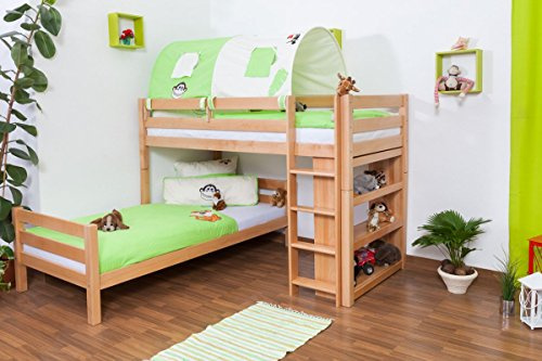 Kinderbett Etagenbett Moritz L Buche Vollholz massiv natur mit Regal, inkl. Rollrost - 90 x 200 cm, teilbar