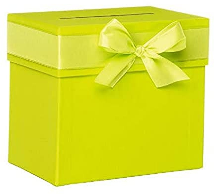 Rössler Sammelbox mit Schleife | Geschenkkartenbox mit Schlitz | Briefbox | Geldbox | geeignet als Geschenk zur Hochzeit | Kartenbox Hochzeit aus Pappe | 205x195x150mm | 1 Stück | Farbe: Gelb | Grün