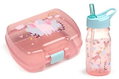 Puckator Rosa mellanmålslåda för flickor (Lunchlåda för mat och flaska med sugrör) - Magi med enhörning och regnbåge, BPA-fri