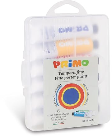Primo – Temperafarben für Kinder ab 3 Jahren, 6 Tuben zu 18 ml, Wasserlösliche Farben für Kinder, Dichte Abdeckende, Feine Temperafarben für Stoffe, Papier, Glas, Kreative Arbeiten für Kinder