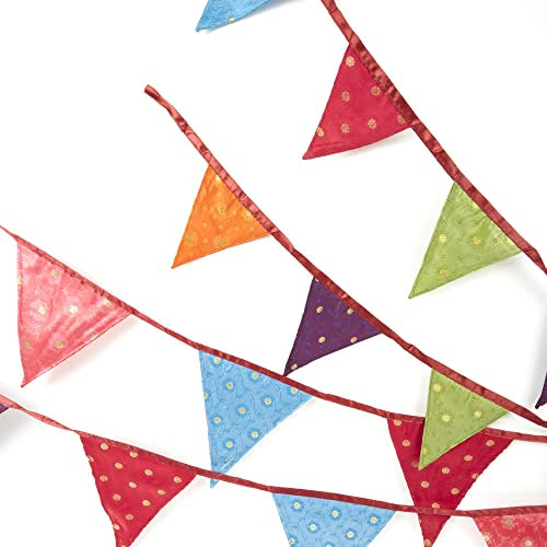 Fair Trade Recycled Sari Fabric Bunting | 2.95m | 10 Flags | Garland for Garden Wedding Birthday Indoor Outdoor Party Decoration Festival