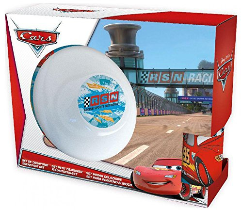Stor 70465 Gift Box with Ceramic Bowl, Dessert Plate and Cup with Cars Racing Sports Network Design