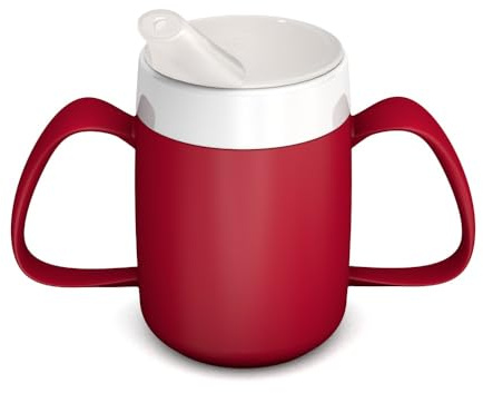 Ornamin 2-Henkel-Becher Pflegebecher mit Schnabelaufsatz für Senioren & Pflegebedarf | rot | Trinkbecher | Trinkhilfe | Schnabelbecher | Ergonomischer Becher