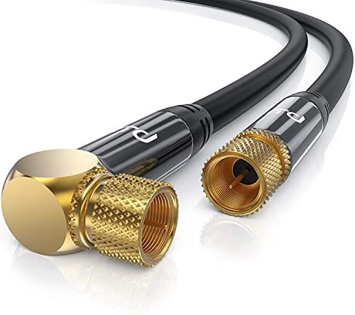 1,5m Cavo satellitare con ANGOLO a 90 – Impedenza 75 Ohm 135dB HDTV 4K - Cavo coassiale parabola ricevitore - per DVB-T DVB-S DVB-S2 – Tripla schermatura – Metallo pieno – Placato oro - Nero 1,5 metri
