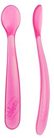 Chicco silikon avvänjningssked, uppsättning med 2 mjuka skedar för spädbarn och barn, delikat och flexibel, med ergonomiskt handtag och långt krökt handtag, 2 delar - 6+ månader, rosa
