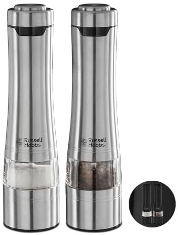 Russell Hobbs Stainless Steel Electric Salt & Pepper Mill Set with adjustable ceramic grinder heads for fine or coarse grinding, Battery operated, Light up during use, One handed operation, 23460-56
