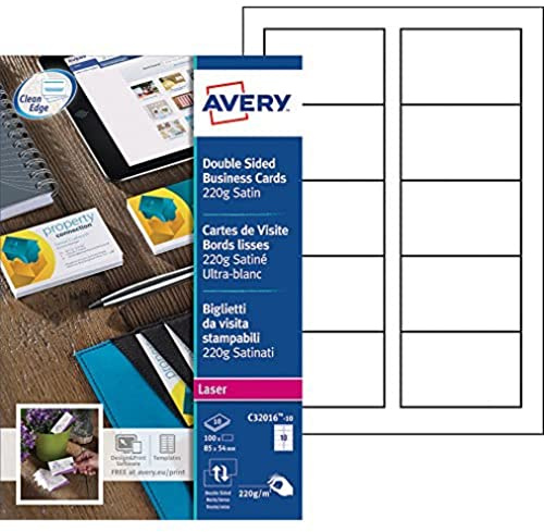 Avery C32016-10 Business Cards Smooth-Edged Satin-Look 220 g/m² for Colour and Monochrome Laser Printers 85 x 54 mm Set of 100