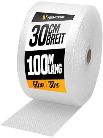verpacking Luftpolsterfolie 30 cm x 100 m - 60 my [Größe und Stückzahl wählbar] 1 Rolle Noppenfolie Polstermaterial Füllmaterial Verpackungsmaterial für Versand und Umzug Bubble Wrap 2-lagig