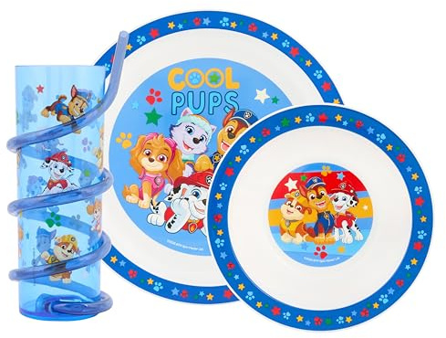 Paw Patrol 3pc Tableware Set – Includes Plate, Bowl, and Twisty Straw Tumbler Featuring Chase, Marshall, Rubble, Skye, and Everest for 48 Months Up