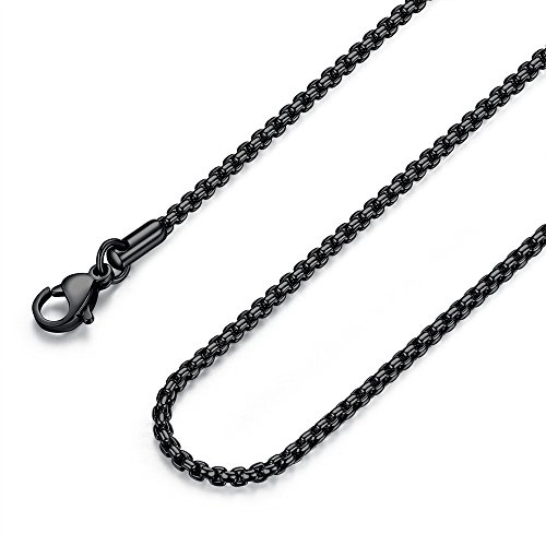 FOSIR Mens Black Rolo Chain Necklace, Stainless Steel Chain for Men and Women, Wide 2mm,18 Inch