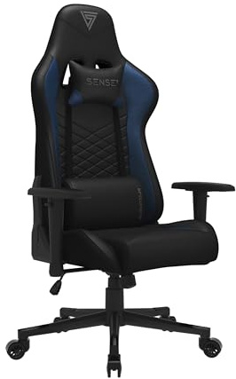 SENSE7 Gamingstuhl ergonomisch Neigungswinkel Schwarz-Blau Rahmen 43-52 cm | Armlehnen, Maße 69,5x57 cm, für Gaming und Büro, verstellbare Sitzhöhe, einteilige Konstruktion, tägliche Nutzung