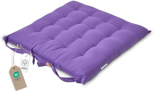 HOMESCAPES - Seat Pad - Purple - 40 x 40 cm - Indoor - Garden - Dining - Chair Cushion with a Button Tie Handle to fix to Chair - 100% Cotton - Well Filled - Easy Care - Washable At Home