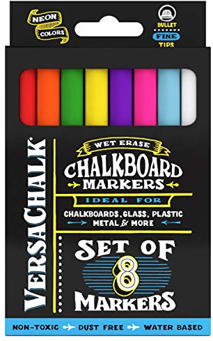 VersaChalk Neon Liquid Chalk Markers for Blackboards (Set of 8, 3mm, Fine Tip) - Erasable Washable Chalk Pens for Chalkboard Signs, Windows, Glass, Events, Schools, Office Supplies, and Business