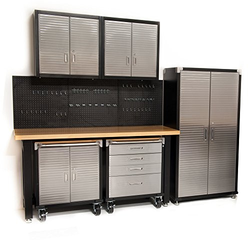 Seville Classics HD 7 Piece Standard Garage Storage System Timber Workbench, Steel Upright Cabinet and Overhead Hanging Wall Cabinets
