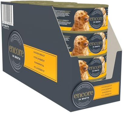 Encore Nourriture Humide 100% Naturelle de qualité supérieure pour Chiens, Poitrine de Poulet en Bouillon pour Chats Adultes – Lot de 16 boîtes de 156 g