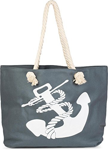 styleBREAKER XXL Strandtasche mit Anker Print | maritimer Look in Flechtoptik | Shopper Badetasche 57 x 33 x 32 cm, Farbe:Dunkelgrau-Weiß