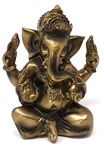 TEMPELWELT® Deko Figur Ganesha vierarmig 11 cm, Polystein antik Gold, Elefantengott Statue sitzend, Hindu Gott Ganesh Elefant, Buddha Indien Asien