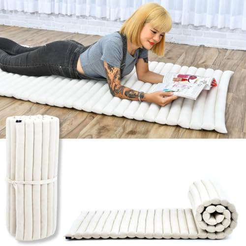 Leewadee Faltbare Bodenmatratze - Japanischer Rollbarer Futon - Tatami Faltmatte - Gästebett - Camping Matratze - Thai Massage Matte, Kapok Füllung, Natur