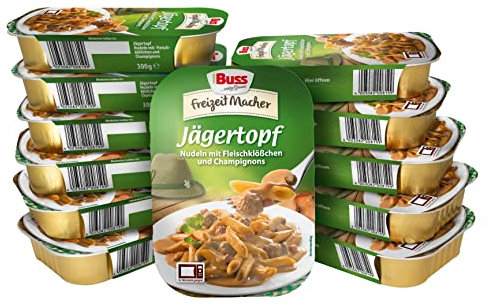 Buss Freizeitmacher Fertiggerichte - Deftiger Jägertopf mit Nudeln, Fleischklößchen und Champignons - Fertigessen in Konserven lange haltbar – Fertiggerichte für die Mikrowelle - 12 x 300 g