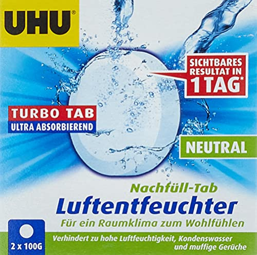 UHU Luftentfeuchter Nachfüll-Tab, Für ein Raumklima zum Wohlfühlen bis zu 5 m², 2 x 100g, Neutral 50505
