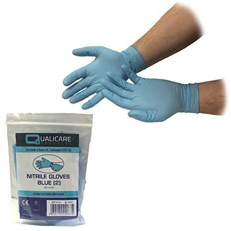 Qualicare 5 PAIRS ONE SIZE BLUE OPAQUE NITRILE PREMIUM DISPOSABLE NON-STERILE MEDICAL FIRST AID POWDER LATEX FREE DURABLE MULTIPURPOSE LAB TATTOO VET DENTIST MEDIC INDIVIDUALLY PACKED PAIRS OF GLOVES
