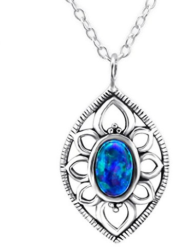 EYS JEWELRY Damen-Halskette Blume Blüte 925 Sterling Silber oxidiert Opal 45 cm blau Anhänger