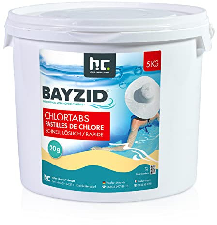 Höfer Chemie 1 x 5 kg Pastilles de Chlore pour Piscine 20 g, Hautement Efficaces, Rapidement solubles avec Une teneur en Chlore Actif de 56%, pH Neutre, sans Calcaire, Désinfection Puissante