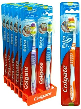 Colgate Extra Clean mittelgroße Zahnbürste, 12 Stück, Mehrfarbig, Silikongriff, U-förmige Borsten, für Erwachsene