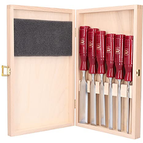 Kirschen 1103000 Firmer Chisel Set with Plastic Handle in Wooden Box, Red/Silver, 6-Piece
