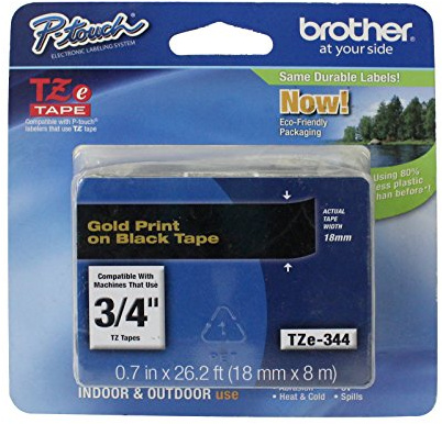 Brother TZe-344 P-touch Schriftband (18 mm, geeignet u.a. für Brother P-touch 1830VP, -D400/VP, -D450, -D600/VP, -P700, -2430, laminiert, 8 m lang) gold auf schwarz, TZE344, Klein