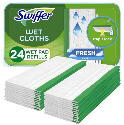 Swiffer Sweep + Mop, Wet Pads Refill, Floor Cleaner for Dirt, Dust, Hair, Cleaning Cloths for Mopping Home, Bathroom, Kitchen, All Purpose Multi-Surface Floor Wipes, Fresh, 24ct