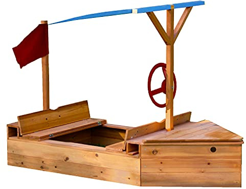 Big Game Hunters Sand Sailer Wooden Boat Sand pit with Canopy Shade, Pirate Ship Sandbox with Toy Storage