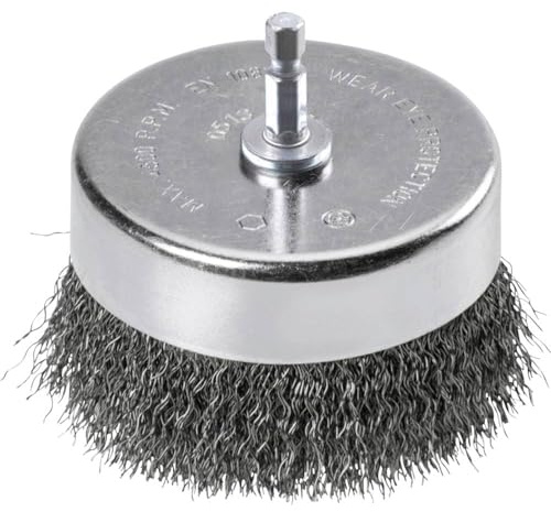 kwb Topf-Bürste extra schwer, grob, gewellt, HSS-Stahldraht, Ø 75 mm für Metall und Stein, Drahtbürste für Bohr-Maschine inkl. E6.3 Sechskant-Schaft, zum Entrosten, Entzundern, Aufrauen und Reinigen