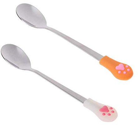 EQLEF Stainless steel spoon for pet cat, hardcover silicone handles utensils canned pet milk powder spoon small pet cat dog food shovel/2 pcs