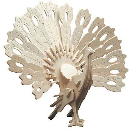 Pebaro 852/1 Holzbausatz Pfau, 3D Puzzle, Modellbausatz, Basteln mit Holz, Holzpuzzle Tier, vorgestanzte Holzplatte, inkl. Schmirgelpapier, ausbrechen, zusammenstecken, fertig, Geschenkidee