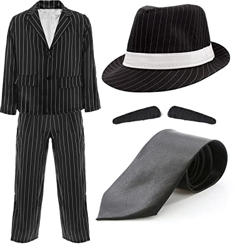 Adult Gangster Fancy Dress Costume - Black & White Pinstripe Suit With Black Trilby Hat With White Satin Band & Spiv Moustache