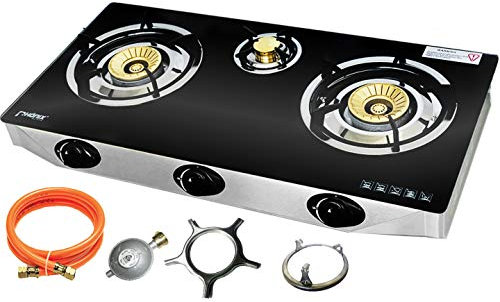 Phönix PS-3 Gaskocher 3 flammig Gaskochfeld 8,8 KW Glas Kochfeld LPG Gasherd Propan Campingkocher mit Zündsicherung inkl. Gasschlauch-Regler-Set