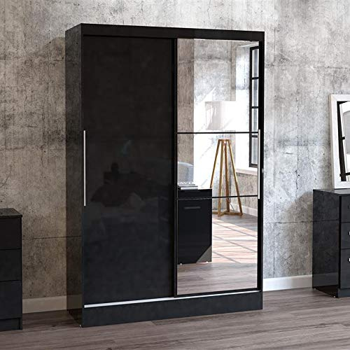 happybeds Lynx 2 Door Sliding Mirrored Wardrobe Wood Bedroom Furniture Storage Black