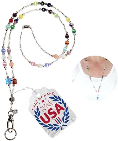 Hidden Hollow Beads SUPER Slim Hand Beaded in USA Women's Lanyard Strong Breakaway Teacher ID Badge Card Holder Keys Nurse (Super Slim Multi - Breakaway)