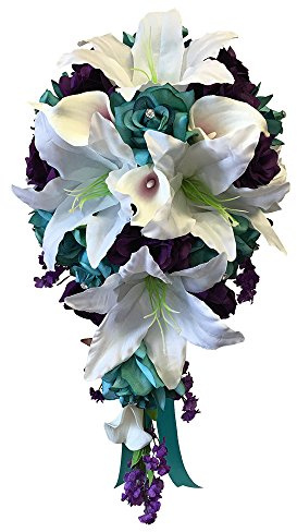 Angel Isabella Cascade Wedding Bouquet - 2-Shade Teal/Jade, White, and Purple Artificial Arrangement