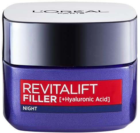 L’Oréal Paris Revitalift Filler Replumping Anti-Ageing Night Cream, Smooth Wrinkles, Moisturise, and Replumps Skin with Micro and Micro-Epidermic Hyaluronic Acid, 50ml