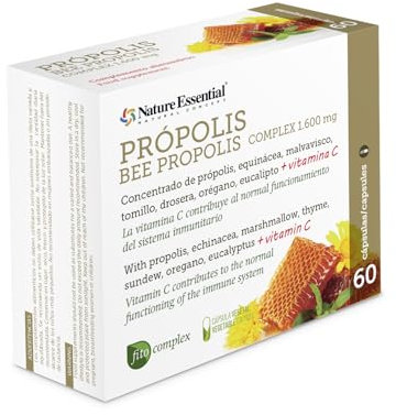 Nature Essential | Própolis Complex 1600 mg | 60 Cápsulas | Echinácea, Tomillo y Vitamina C | Suplemento Natural para el Sistema Inmune | Rico en Aminoácidos y Oligoelementos | 45 Días de Suministro