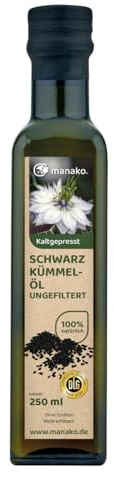 manako ungefiltertes Schwarzkümmelöl, kaltgepresst und 100% rein, 250 ml Glasflasche