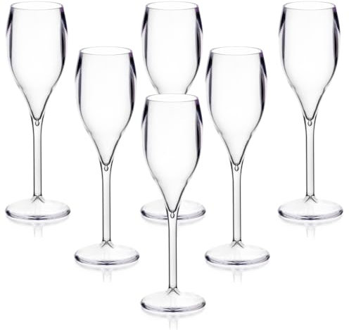 Flûte per champagne in policarbonato di alta qualità, 6 pezzi, in plastica infrangibile molto simile al vetro Ideale per picnic, in spiaggia, all’aperto per esempio in piscina, in giardino, per un barbecue. Lavabili e riutilizzabili. Lavabili in lavastoviglie.