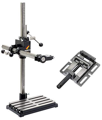 WABECO Bohrständer Fräsständer BF1243 mit Maschinenschraubstock aus Grauguss, 2 Zustellachsen vertikal/horizontal Säule 750 Ausleger 500 mm Made in Germany